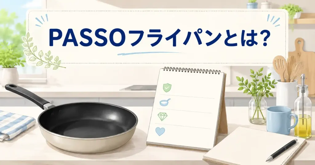 PASSOフライパンとはどのような商品かを、キッチンとフライパンのイメージで紹介した画像