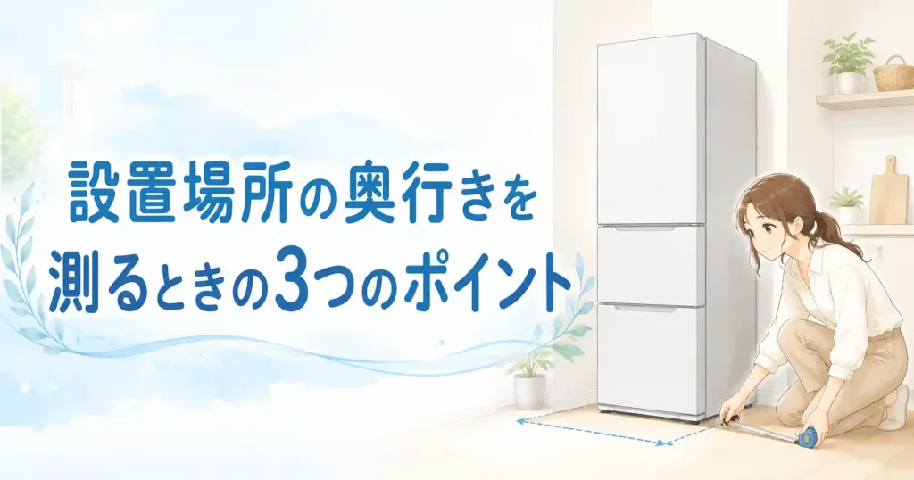 冷蔵庫の設置場所の奥行きを測るポイントを示すH2画像