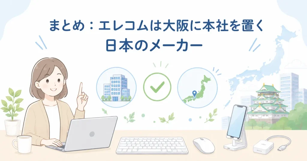 エレコムは大阪に本社を置く日本のメーカーだとまとめたイメージ画像
