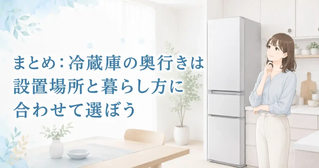 冷蔵庫の奥行きは設置場所と暮らし方に合わせて選ぶことを示すまとめ画像