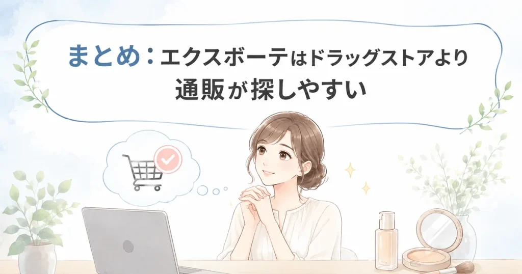 エクスボーテはドラッグストアより通販で探しやすいことをまとめたイラスト