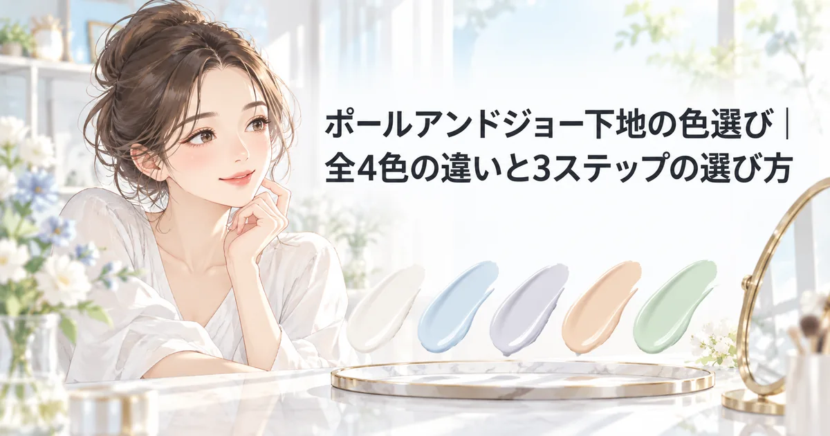 鏡の前で4色の下地の色を見比べる女性のイラスト