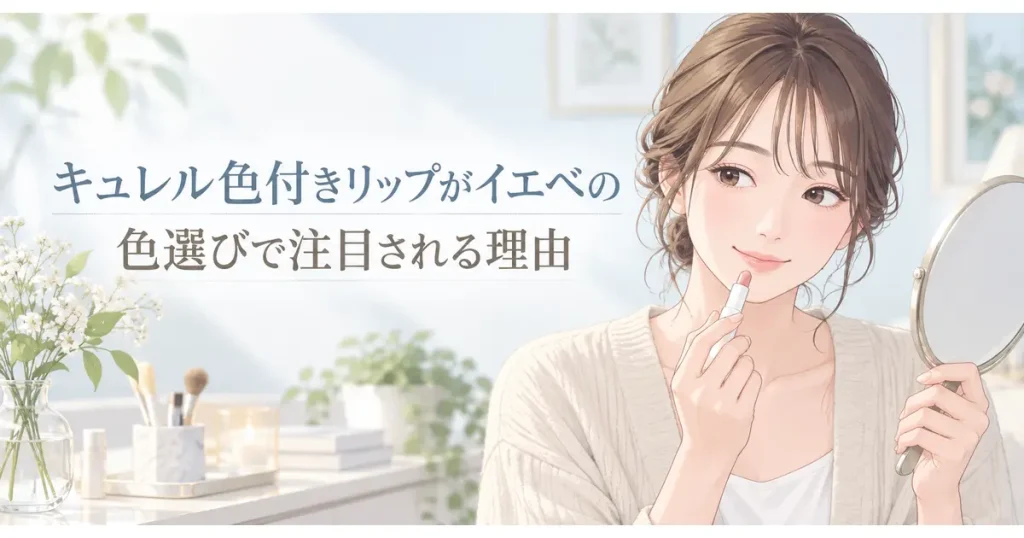鏡を見ながらキュレル色付きリップを選ぶ女性のイラスト