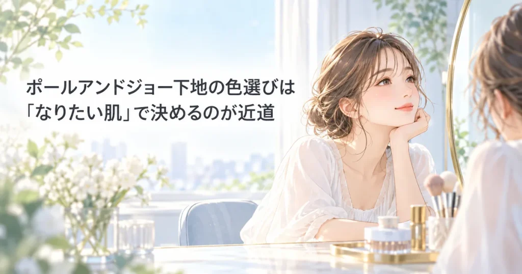 鏡を見ながら、なりたい肌の印象を考える女性のイラスト