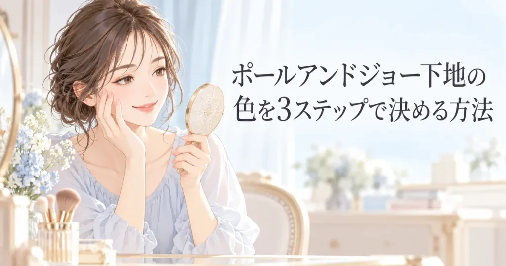 鏡で肌の仕上がりを確認する女性のイラスト