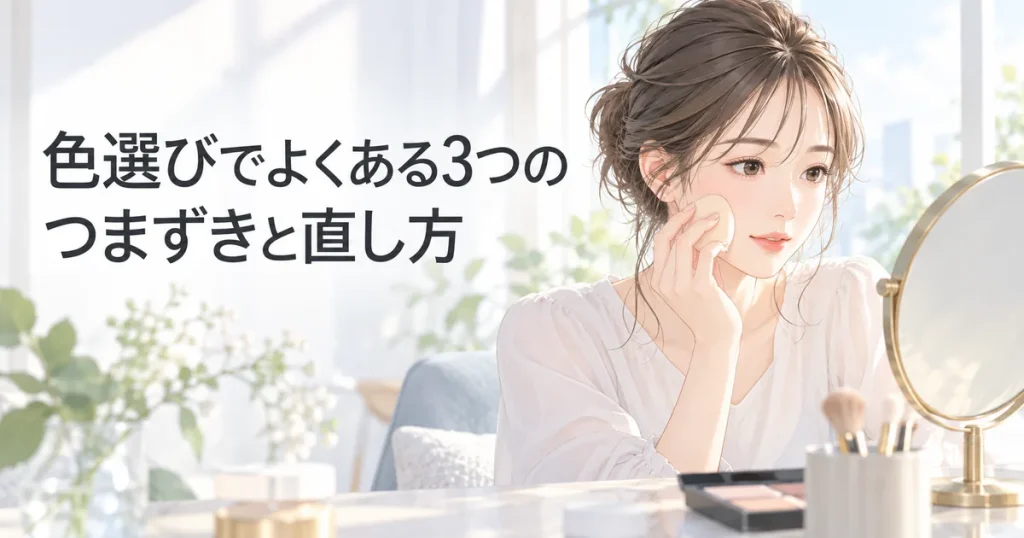 鏡を見ながら下地の仕上がりを確かめる女性のイラスト