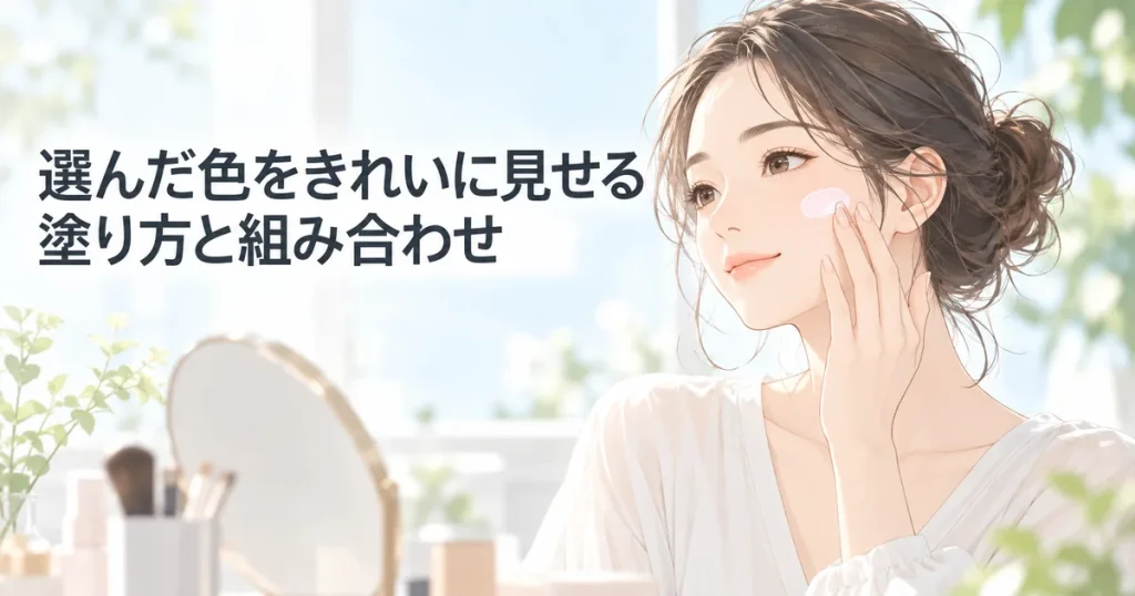 鏡の前で頬に下地をなじませる女性のイラスト