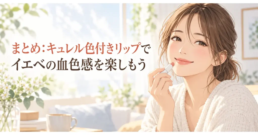 キュレル色付きリップで自然な血色感を楽しむ女性のイラスト
