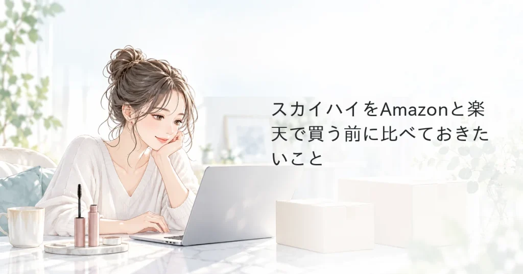 パソコンでマスカラの購入先を調べる女性