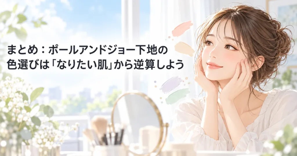 鏡を見ながら好みの肌の仕上がりを考える女性のイラスト