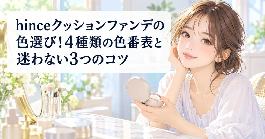 hinceクッションファンデの色選びと4種類の色番表を紹介する、ほおづえをついてクッションファンデを見つめる女性のイラスト