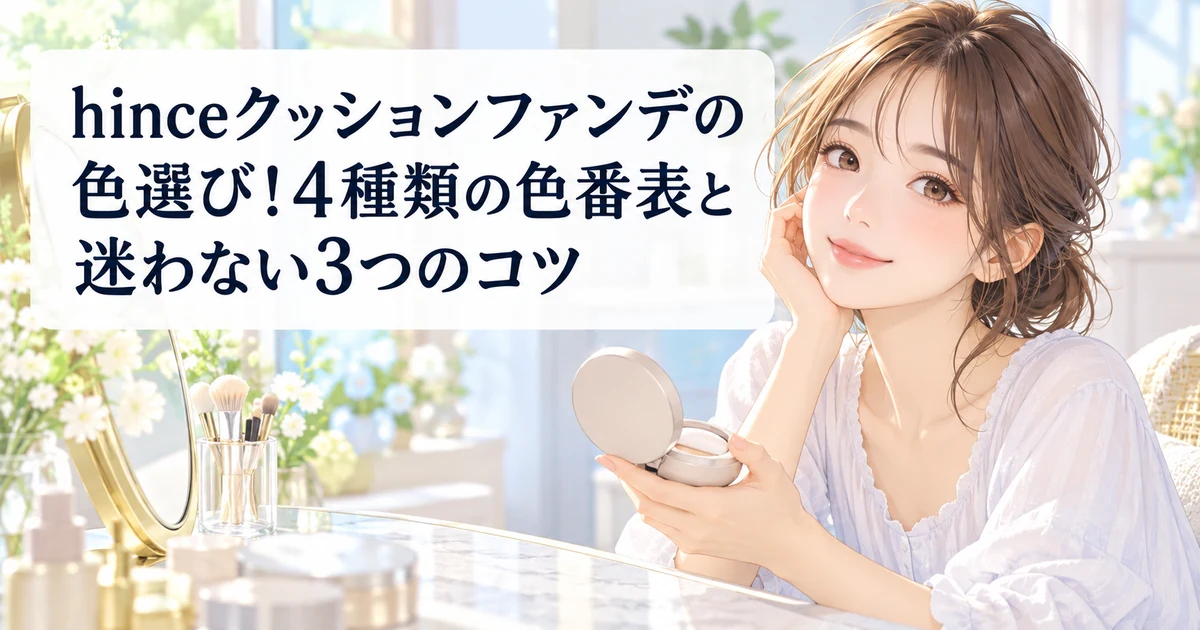 hinceクッションファンデの色選びと4種類の色番表を紹介する、ほおづえをついてクッションファンデを見つめる女性のイラスト