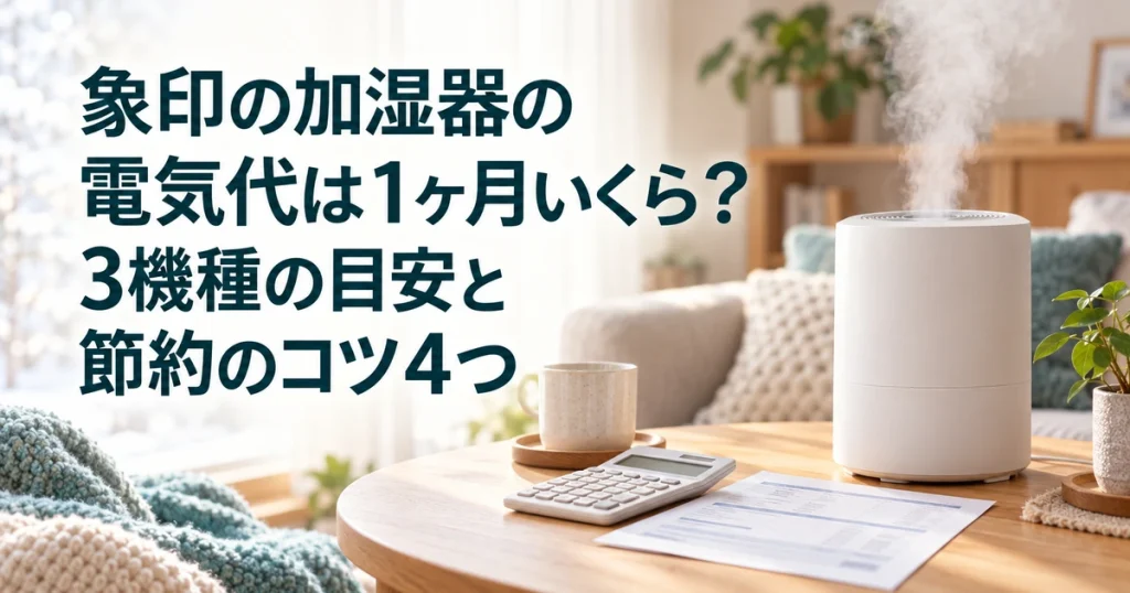 象印の加湿器の電気代が1ヶ月いくらか、3機種の目安と節約のコツを紹介する、電卓と明細の横で蒸気を出す白いスチーム式加湿器のイラスト