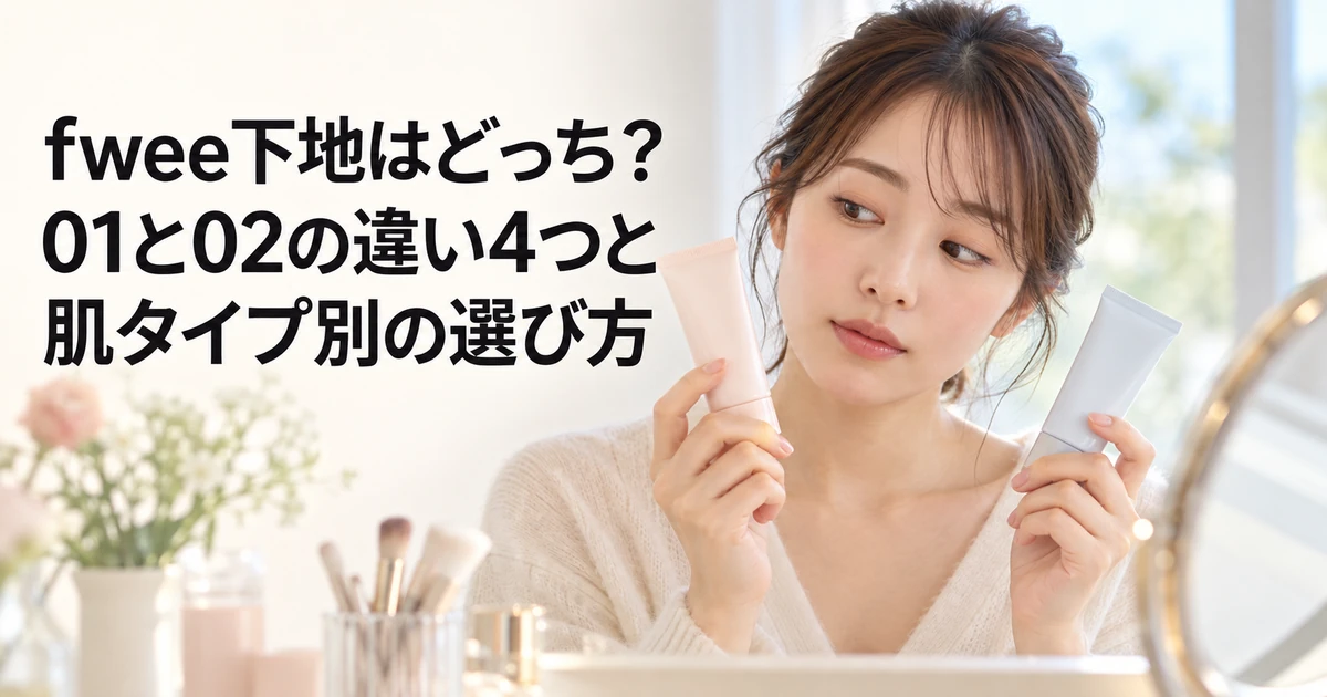 fwee下地の01と02の違いと肌タイプ別の選び方を紹介する、下地のチューブを手に持って見比べる女性のイラスト