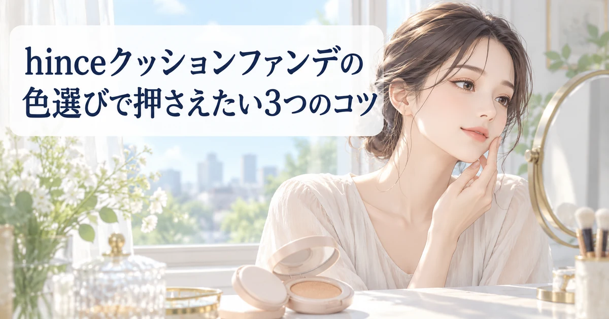hinceクッションファンデの色選びで押さえたい3つのコツを紹介する、頬に手を添えて考える女性のイラスト