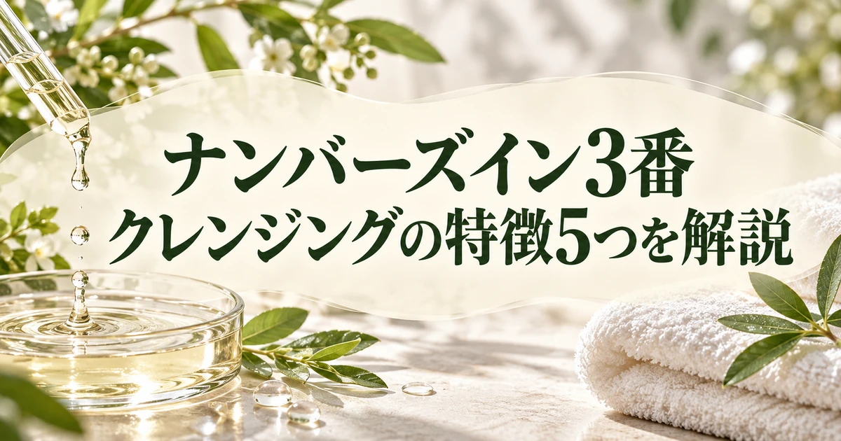 ナンバーズイン3番クレンジングの特徴を紹介する、オイルを垂らすスポイトと透明な容器、白いタオルが並ぶ洗面台のイラスト