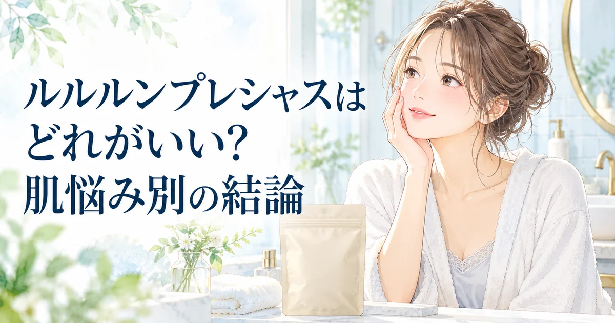 ルルルンプレシャスの肌悩み別の結論を紹介する、頬に手を添えて微笑む女性のイラスト