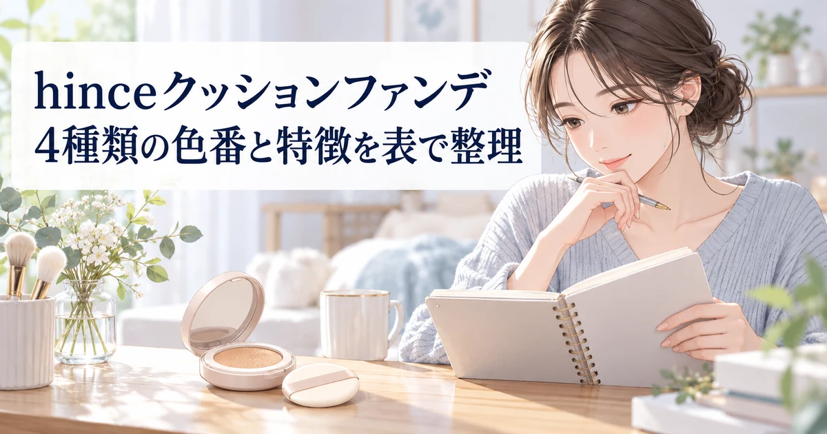 hinceクッションファンデ4種類の色番と特徴を紹介する、テーブルで資料を見比べる女性のイラスト