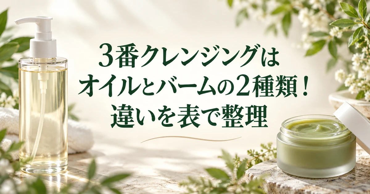 3番クレンジングのオイルとバームの違いを紹介する、ポンプ式のオイルボトルと緑色のバームのジャーが並ぶイラスト