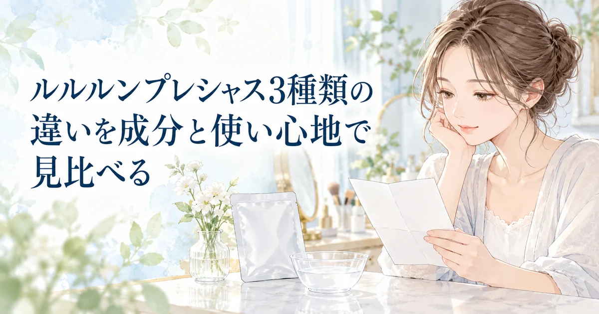 ルルルンプレシャス3種類の成分と使い心地の違いを紹介する、マスクを見比べる女性のイラスト