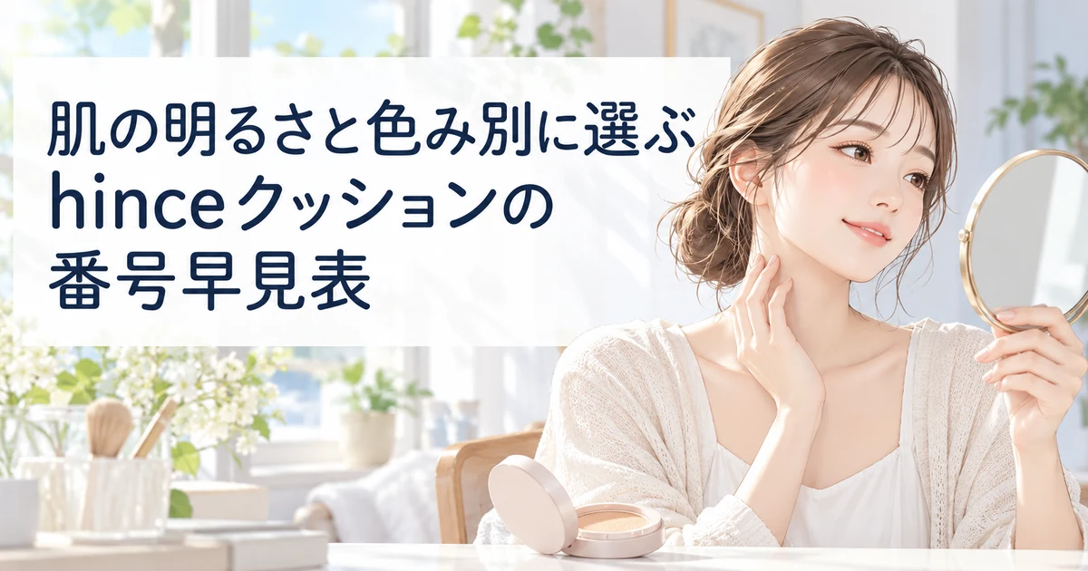 肌の明るさと色み別に選ぶhinceクッションの番号早見表を紹介する、ほおづえをついて考える女性のイラスト