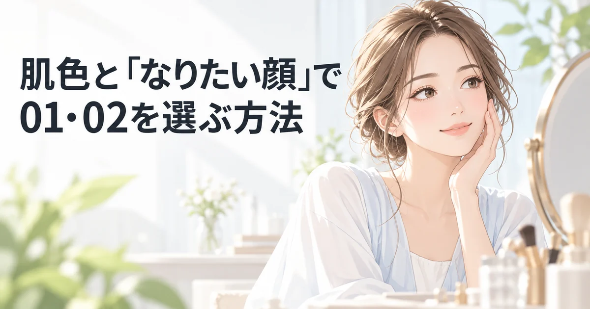 肌色となりたい顔で01・02を選ぶ方法を紹介する、頬に指を添えて考える女性のイラスト