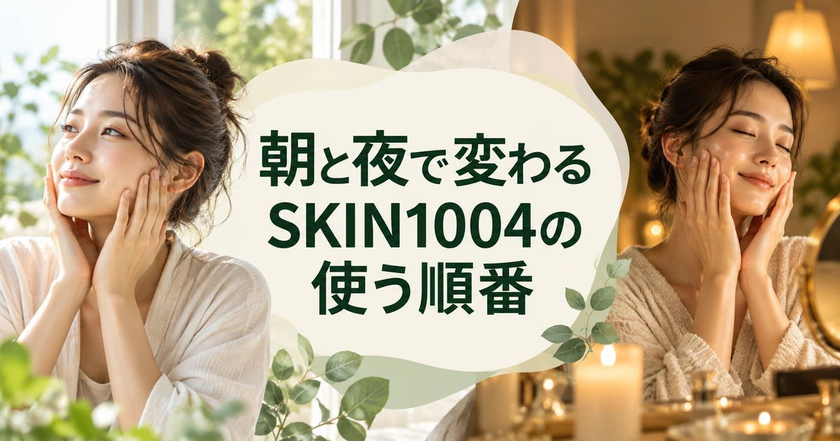 朝と夜で変わるSKIN1004の使う順番を紹介する、朝と夜にそれぞれ頬に手を当ててスキンケアをする女性のイラスト