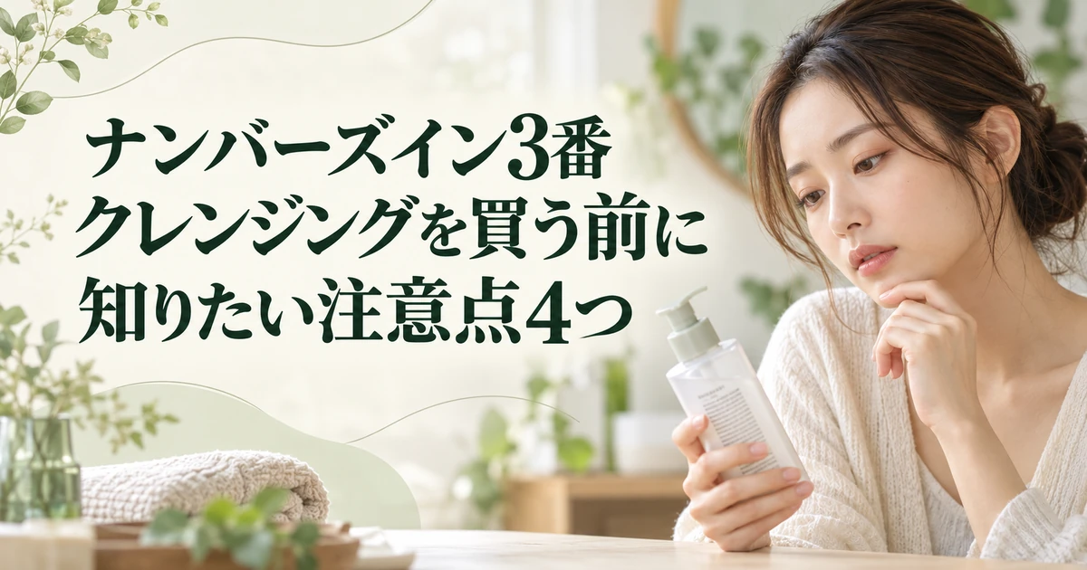ナンバーズイン3番クレンジングを買う前に知りたい注意点を紹介する、ボトルを手に取って見つめながら考える女性のイラスト