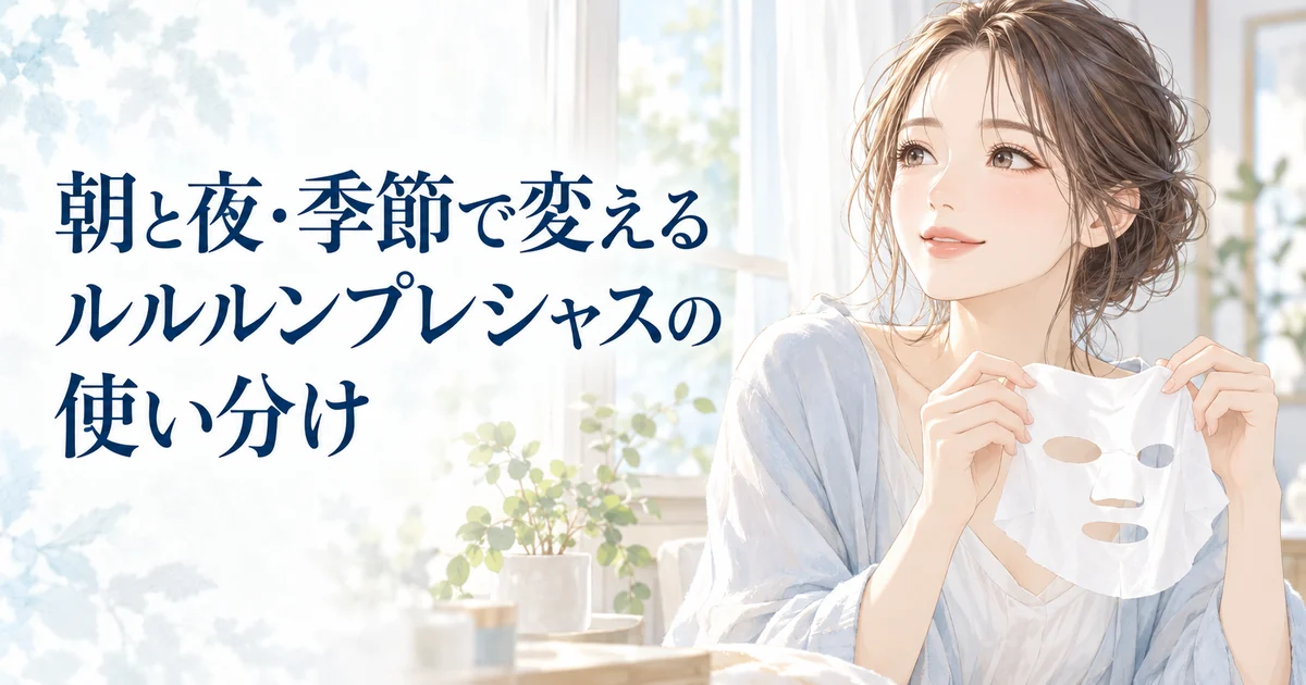 朝と夜・季節で変えるルルルンプレシャスの使い分けを紹介する、フェイスマスクを広げる女性のイラスト