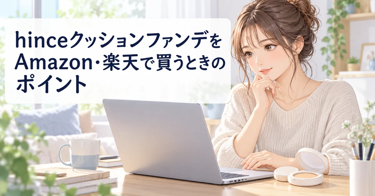 hinceクッションファンデをAmazon・楽天で買うときのポイントを紹介する、ノートパソコンで買い物を検討する女性のイラスト