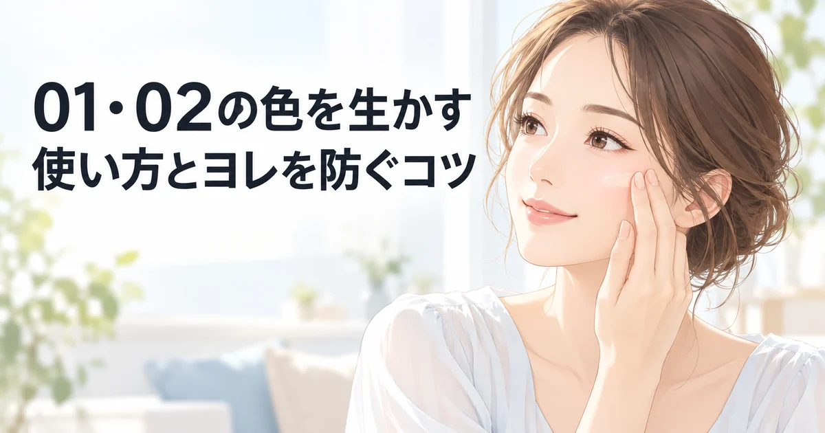 01・02の色を生かす使い方とヨレを防ぐコツを紹介する、頬に指を当ててなじませる女性のイラスト