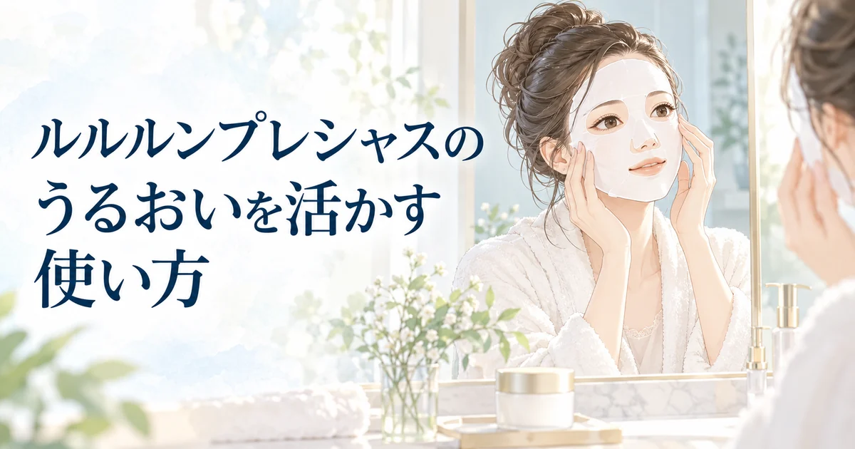 ルルルンプレシャスのうるおいを活かす使い方を紹介する、フェイスマスクをつけてくつろぐ女性のイラスト