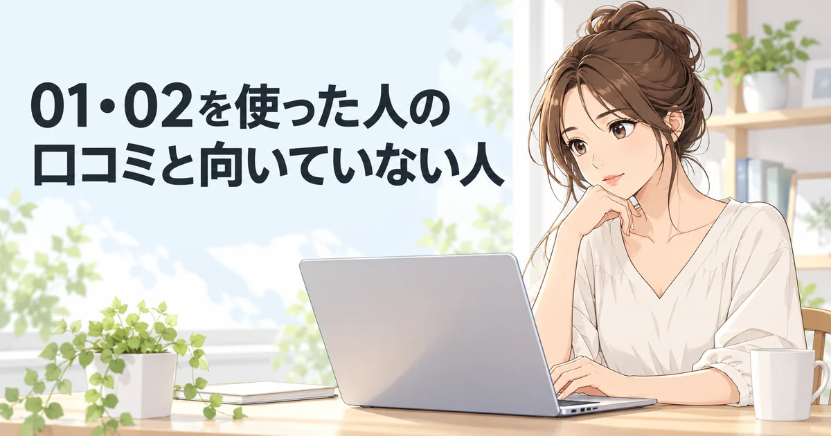 01・02を使った人の口コミと向いていない人を紹介する、ノートパソコンの前でほおづえをつく女性のイラスト