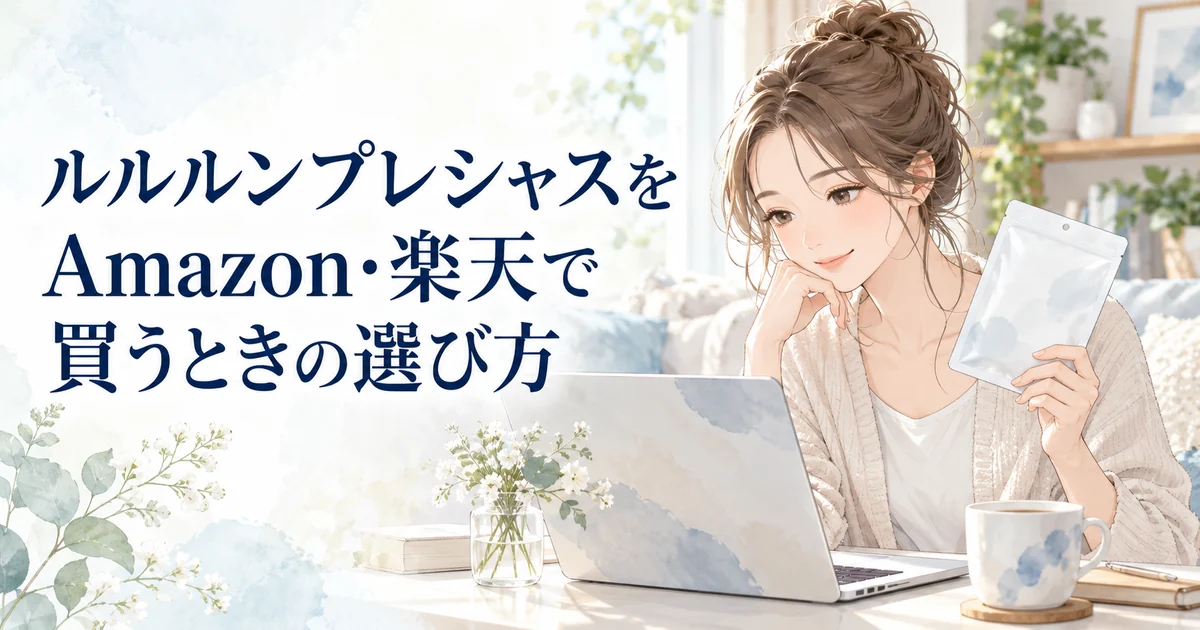 ルルルンプレシャスをAmazon・楽天で買うときの選び方を紹介する、ノートパソコンの前でマスクを手にする女性のイラスト