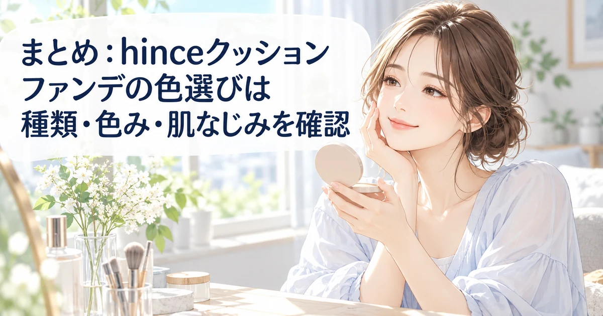hinceクッションファンデの色選びのまとめを紹介する、頬に手を添えて微笑む女性のイラスト