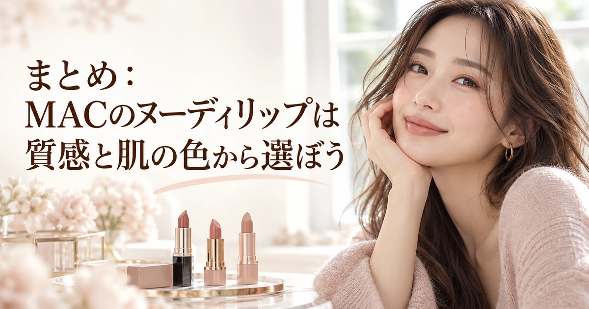 MACのヌーディリップは質感と肌の色から選ぶまとめを紹介する、ほおづえをついて微笑む女性のイラスト