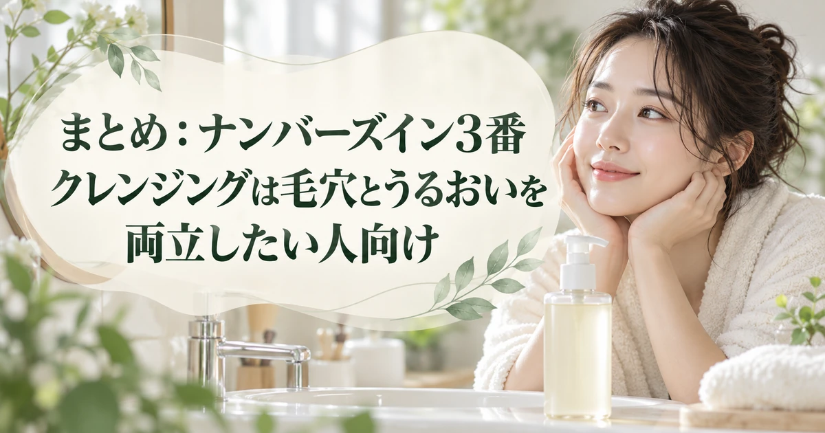 ナンバーズイン3番クレンジングは毛穴とうるおいを両立したい人向けというまとめを紹介する、ほおづえをついてほほえむ女性のイラスト