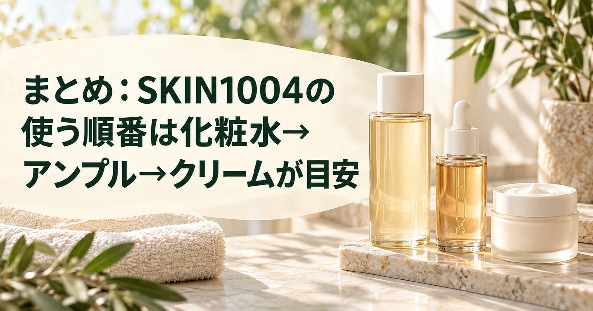 SKIN1004の使う順番は化粧水・アンプル・クリームが目安であることを紹介する、化粧水とアンプルとクリームが並ぶイラスト