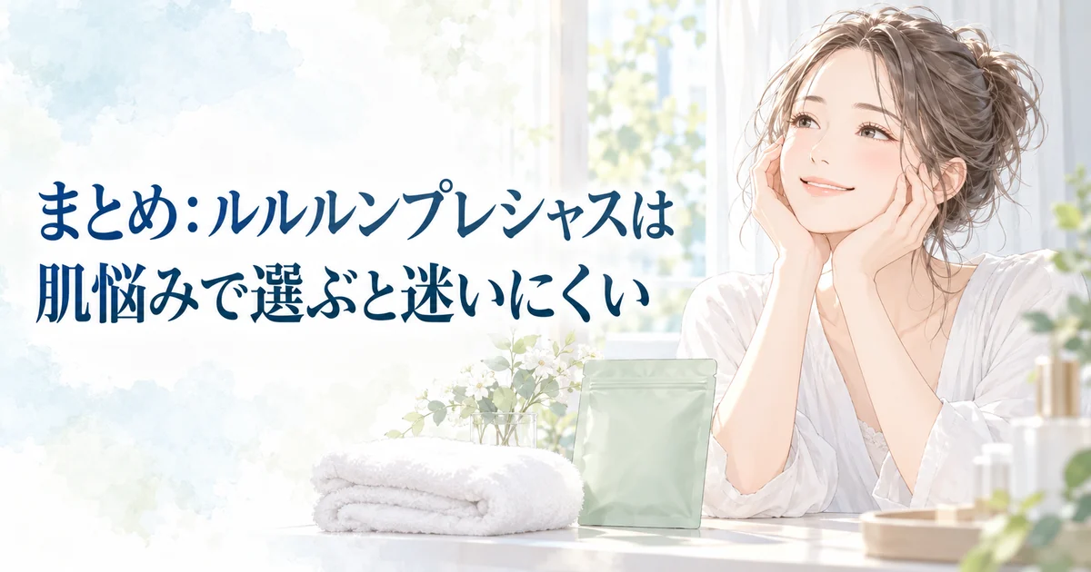 ルルルンプレシャスは肌悩みで選ぶと迷いにくいとまとめる、頬杖をついて微笑む女性のイラスト