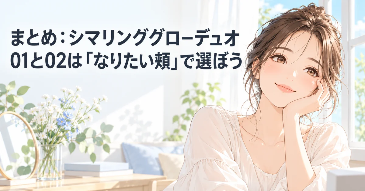 シマリンググローデュオ01と02の選び方のまとめを紹介する、ほおづえをついて笑顔を見せる女性のイラスト
